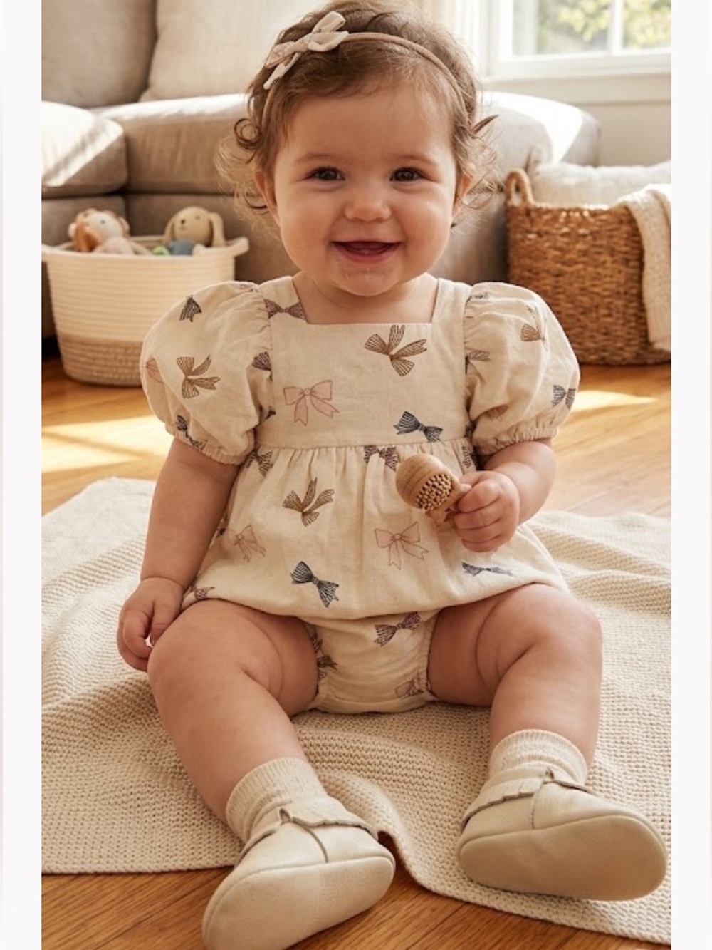 Rylee + Cru Cream Puff Sleeve Kids Dress 2 Piece with Multi Bow Print